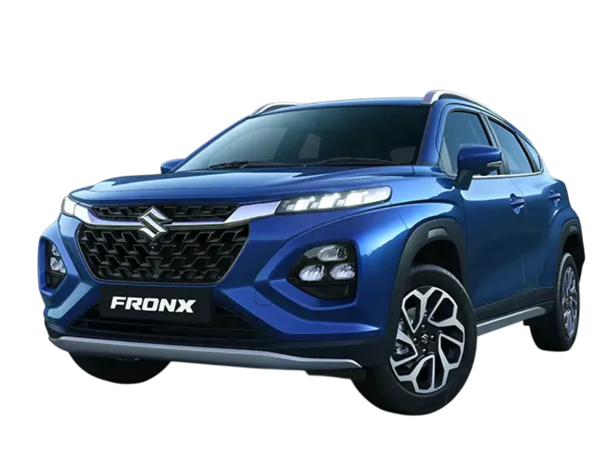 Front three-quarter view of a metallic blue Maruti Suzuki Fronx crossover featuring a split headlamp design, aggressive front fascia, and dual-tone alloy wheels.
