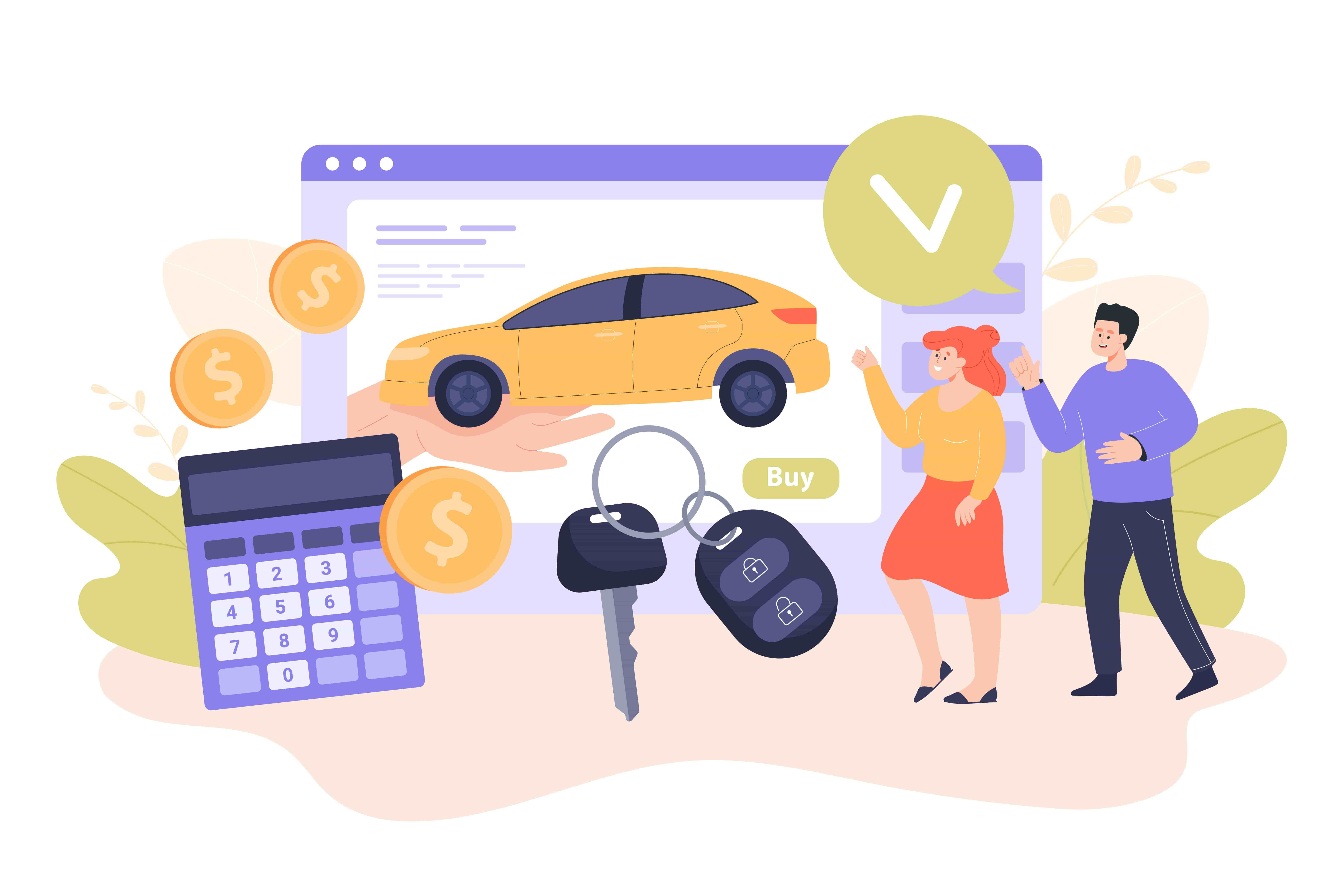 Couple applying for purchase car loan in Tamil Nadu with calculator, car keys, and approval process – Sakthi Associates Car Loan Services