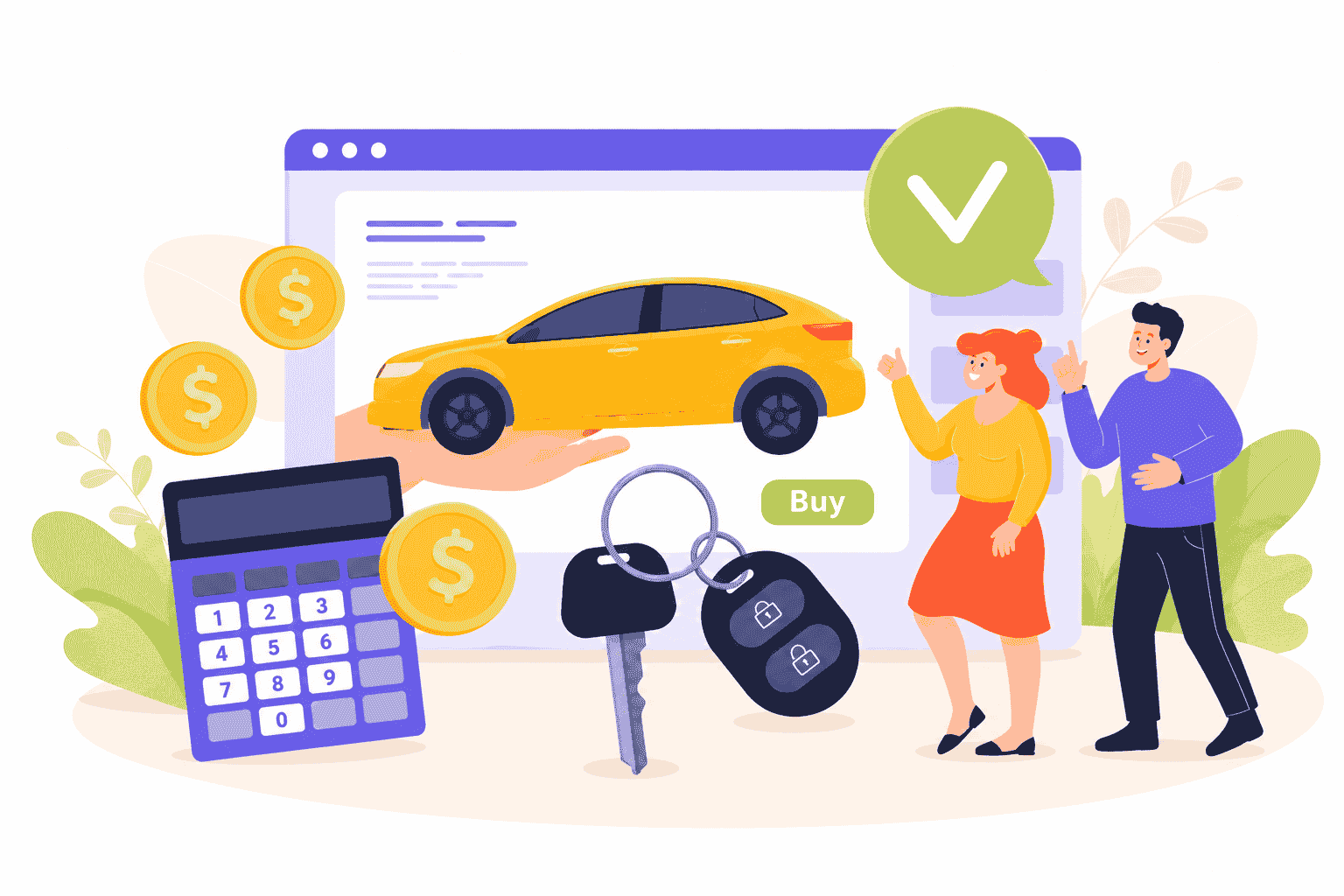 Couple applying for purchase car loan in Tamil Nadu with calculator, car keys, and approval process – Sakthi Associates Car Loan Services