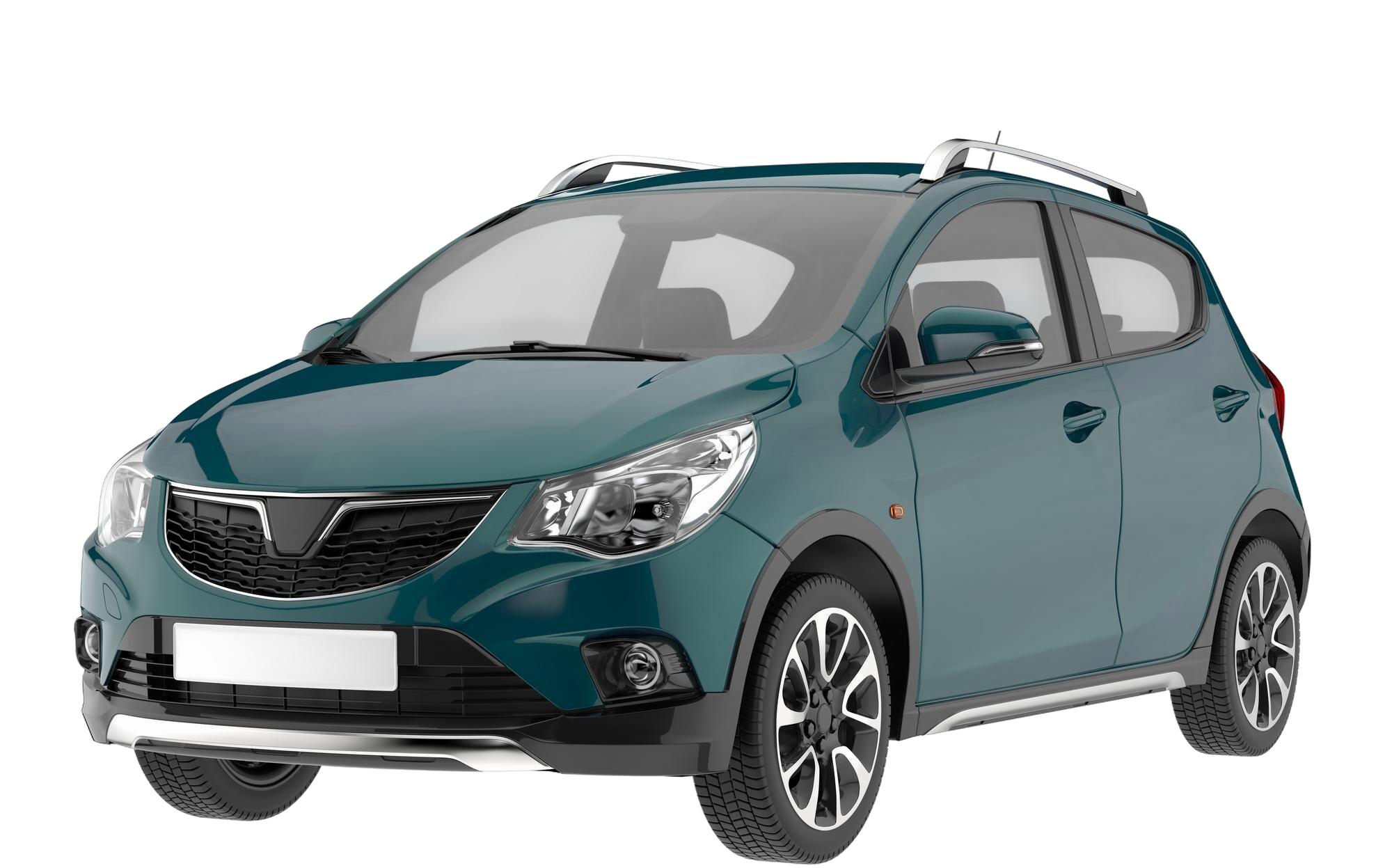 Close-up of a white SUV, red hatchback, and silver truck parked side-by-side in a crowded parking lot.