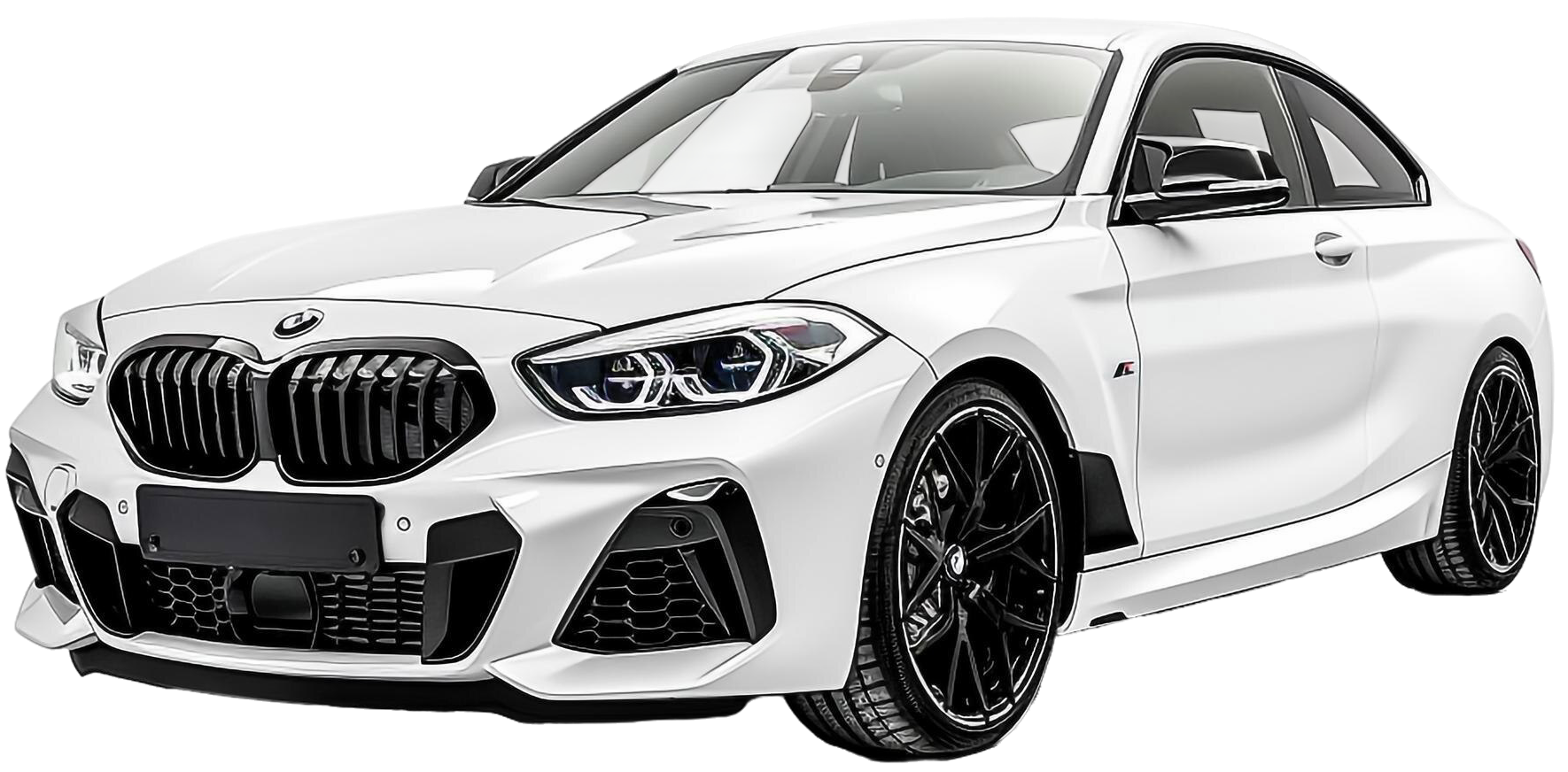 White BMW sports coupe with black rims, luxury performance car, modern aerodynamic design, high-end automotive poster