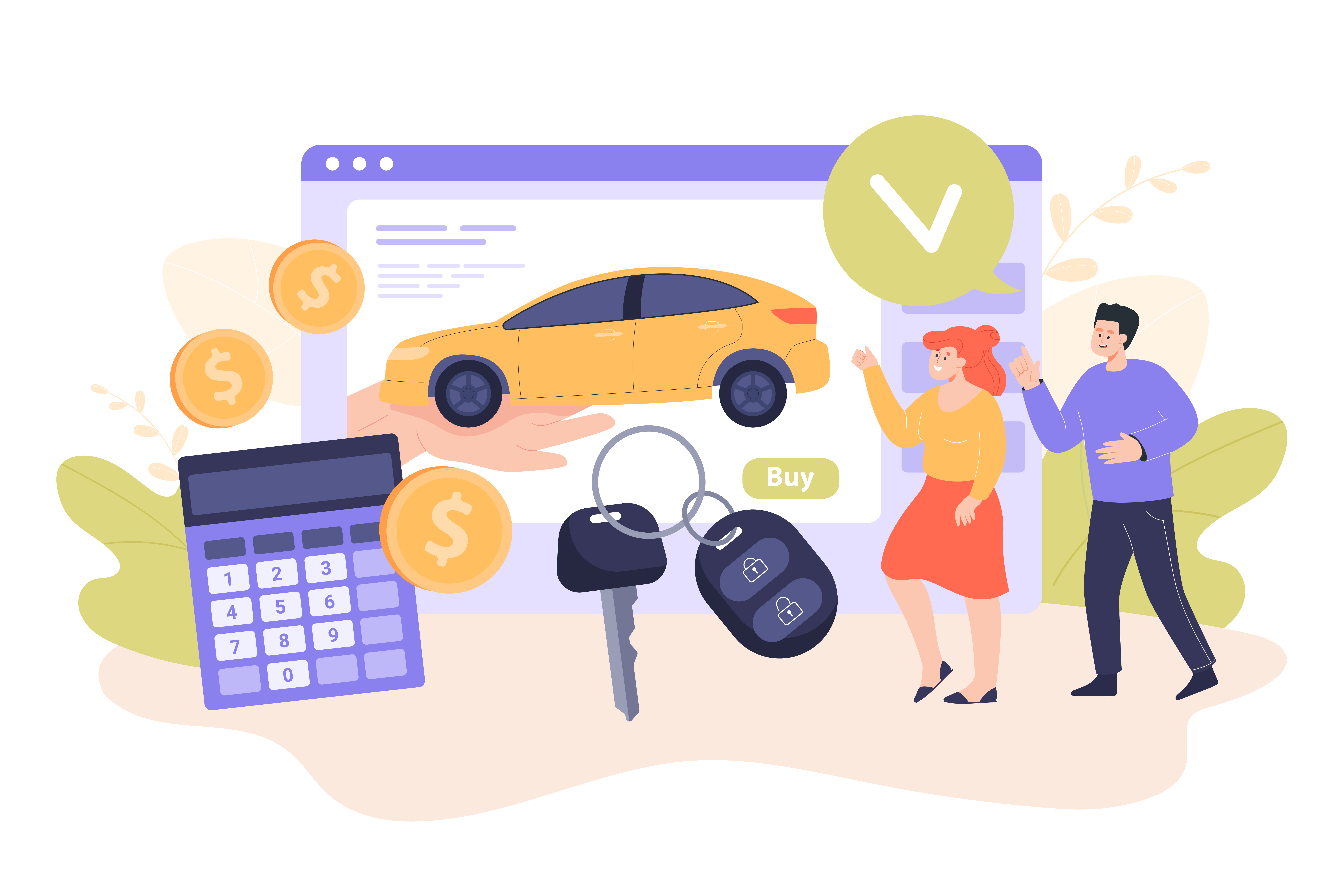Couple applying for purchase car loan in Tamil Nadu with calculator, car keys, and approval process – Sakthi Associates Car Loan Services