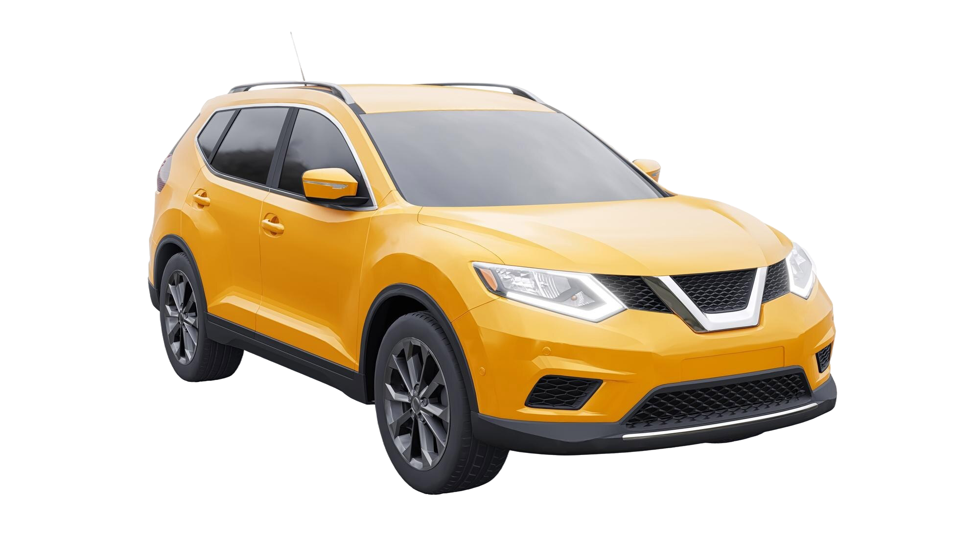 Front three-quarter view of a bright yellow compact SUV with roof rails, a chrome grille accent, and dark grey alloy wheels.
